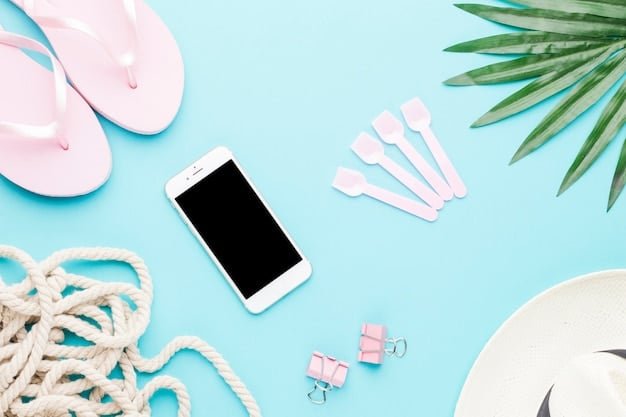 A flat lay showcasing a selection of Shein clothing items perfect for a vacation, including a pair of denim shorts, a tropical print crop top, and a lightweight kimono. Sunglasses, sunscreen, and a travel-sized perfume bottle are also arranged around the clothing to complete the vacation theme.