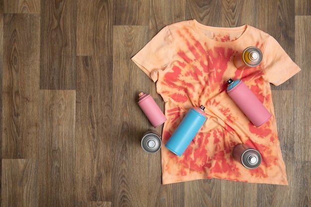 A flat lay showcasing a Shein tie-dye t-shirt made from recycled materials, paired with a reusable water bottle, biodegradable glitter, and a tag indicating sustainable production practices.