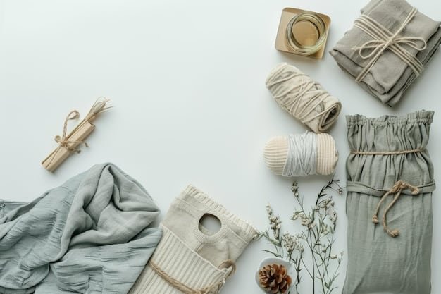 A flat lay showcasing a variety of lightweight transitional clothing arranged on a white surface. Items include a denim jacket, a cardigan, a striped long-sleeve shirt, a scarf, and a pair of neutral-colored chinos. Accessories like a belt and a simple necklace are also included. The arrangement is neat and aesthetically pleasing.