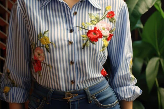 A close-up of a woman's outfit showing a floral print blouse tucked into high-waisted striped pants. The floral print features a variety of colors, including pink, yellow, and green. The striped pants are black and white, with thin vertical stripes. The outfit is accessorized with a delicate gold necklace.