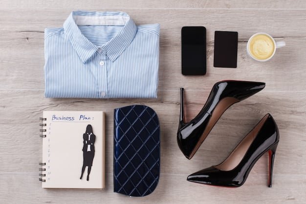 A curated selection of Shein's interview-appropriate clothing items laid out on a clean surface: a blazer, a blouse, tailored pants, a simple skirt, and a pair of elegant heels.