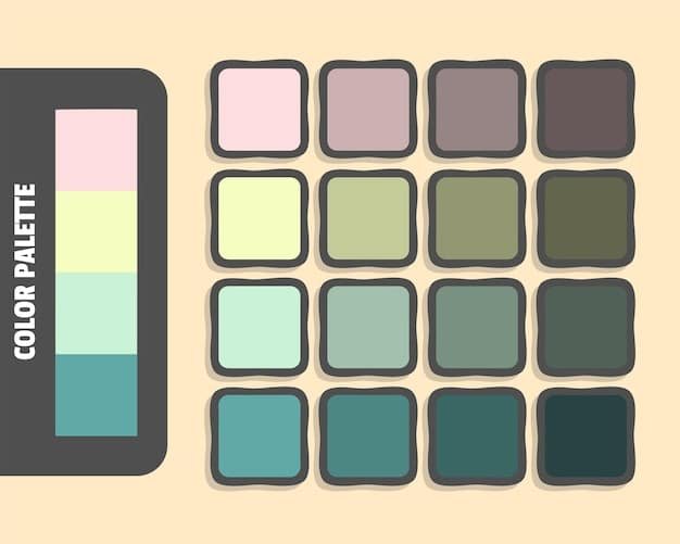 A color palette featuring a range of pastel shades, including soft blues, mint greens, pale yellows, and dusty roses. The palette is arranged in a visually appealing manner, with each color swatch clearly displayed. The overall impression is light, airy, and reminiscent of a summer garden.