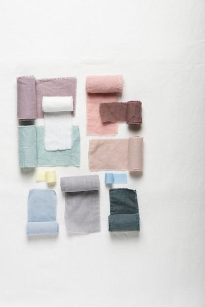 A mood board showing several fabric swatches in different shades of pastel colors, paired with images of blossoming flowers, serene landscapes, and futuristic gadgets, representing the blend of nature and technology in the color trend analysis.