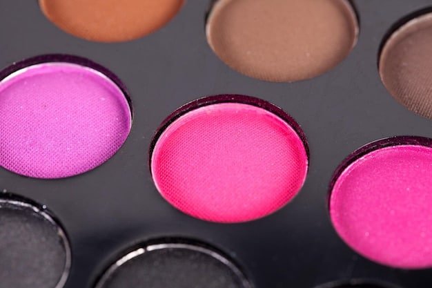 A close-up of a Shein eyeshadow palette with a variety of colorful shades, including pinks, purples, blues, and greens. The palette is open, showcasing the pigmentation and texture of the different eyeshadows.